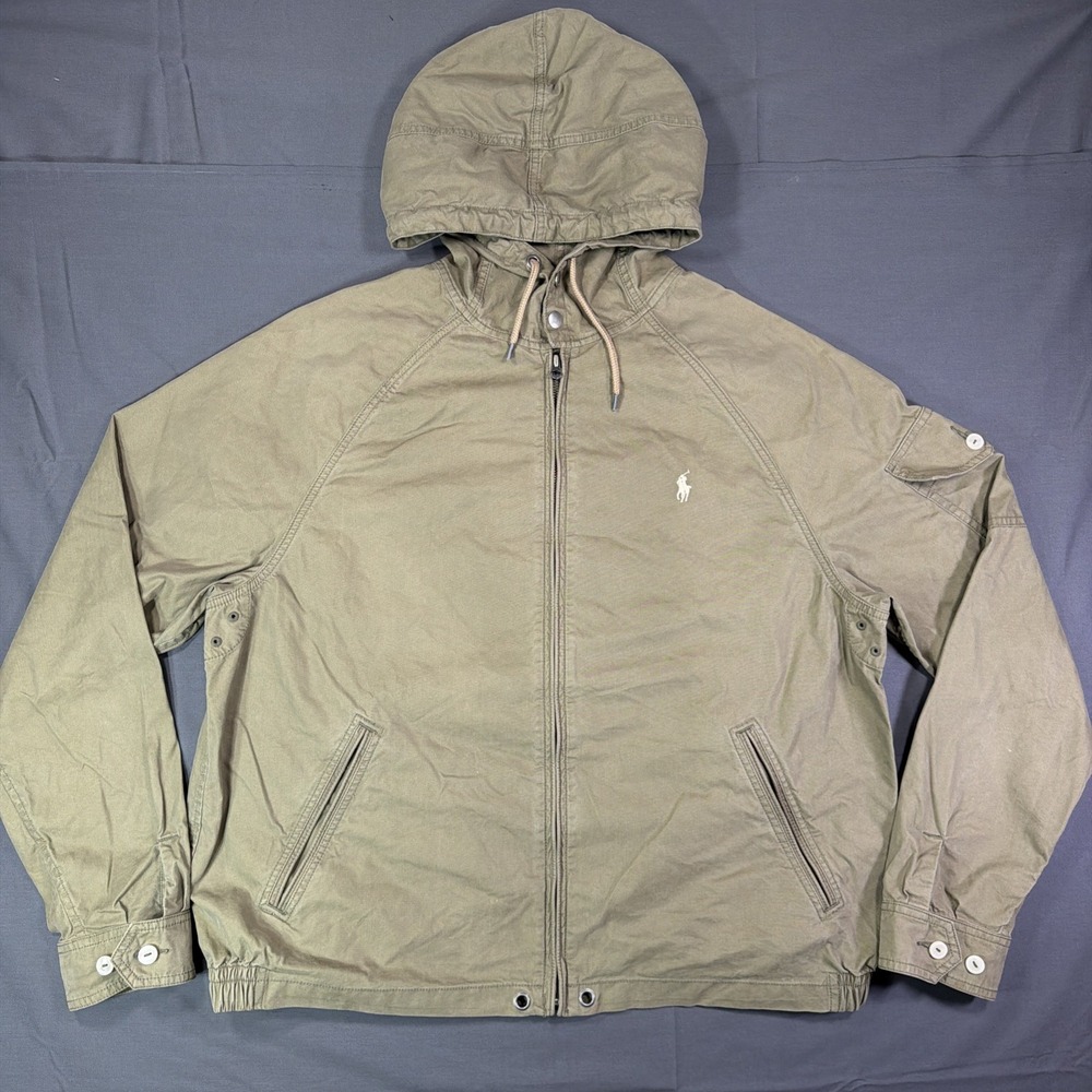 Vintage Polo Ralph Lauren Olive Green Hooded Full Zip Military Utility Jacket XL